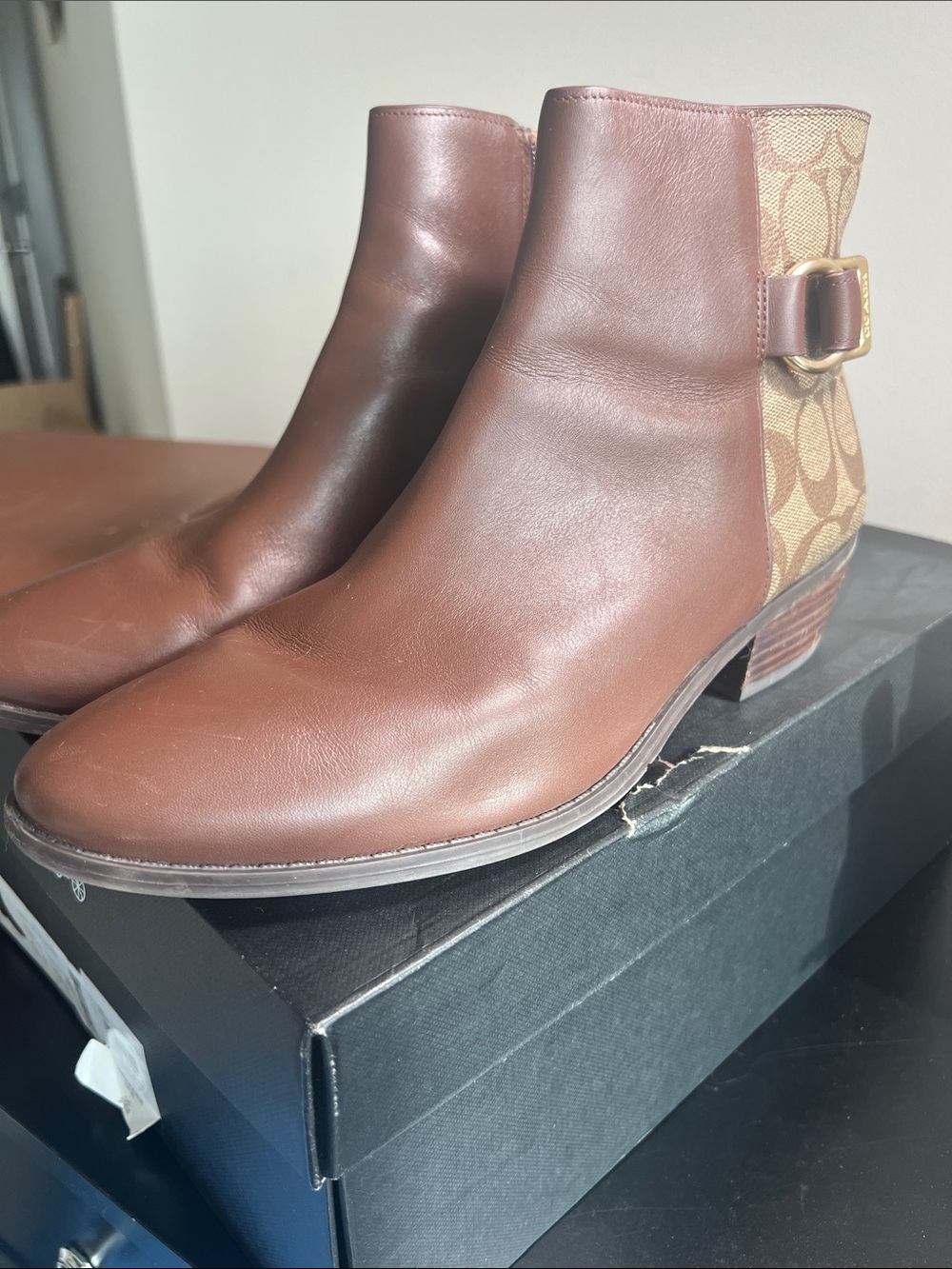 Coach Brown Leather Ankle Boots with Signature Monogram Panel
